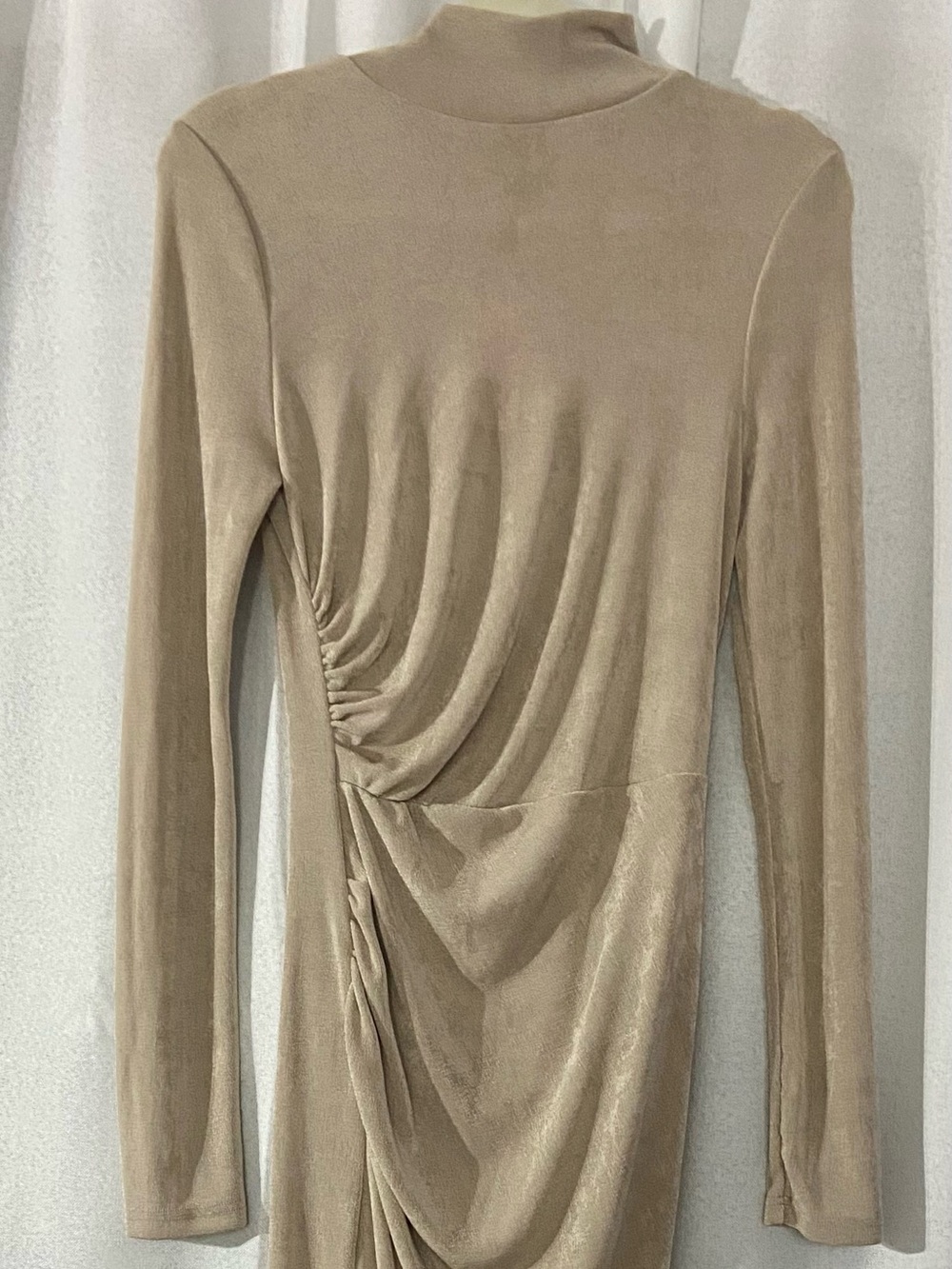 NWT SHEINBae Taupe Mockneck Draped Long Sleeve Ruched Bodycon Maxi Dress